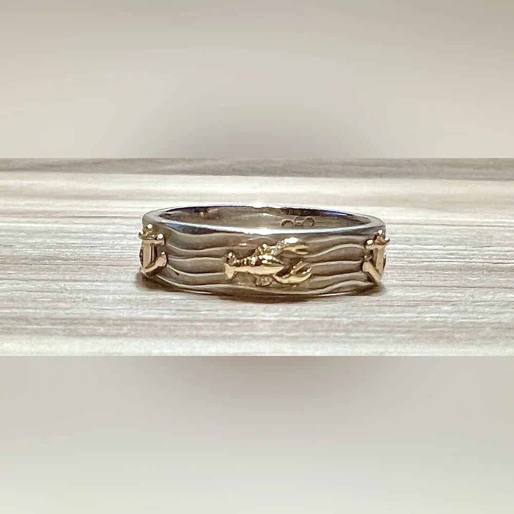 Handmade Sterling Silver & 14K Gold Nautical Anchor & Lobster Band Ring, Size 7